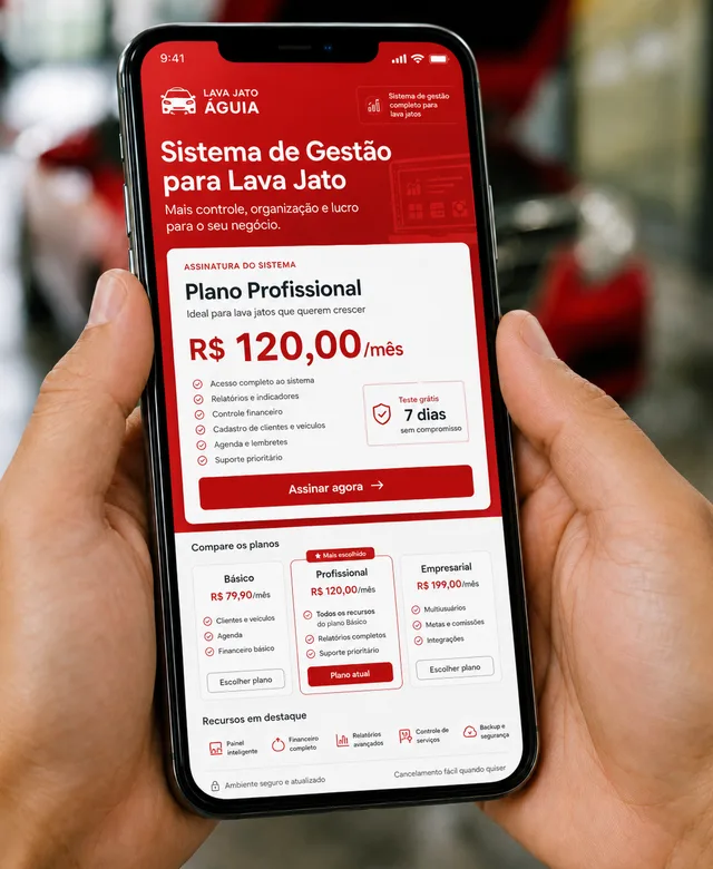 Pessoa segurando celular com tela de plano de sistema