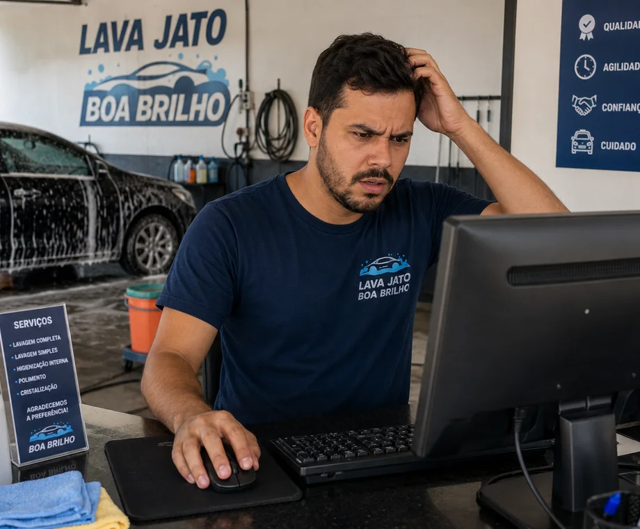 Dono de lava jato preocupado com anotações e computador